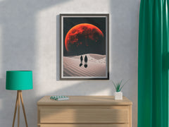 Desolate monochrome wasteland with red moon, solar eclipse at night wall art