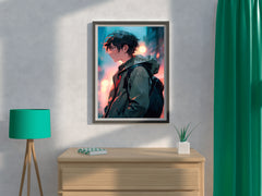 Anime Boy with backpack In street In The Rain  Anime Wall Art