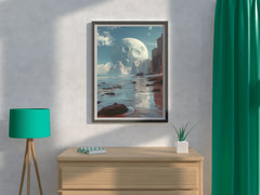 A planet in a space and big moon in a blue sky wall artwork