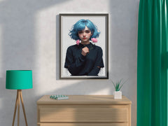 Anime Girl with Blue Hair and Pink flower Wall Art - beink online art store