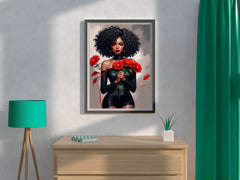 Black Woman in Black Dress Holding Red flower Wall Art - beink online art store