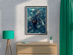 Whale Fantasy Flying Over Buildings Wall Art