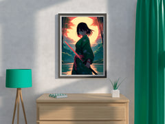 Anime Girl With katana In Forest Sunset Anime Wall Art