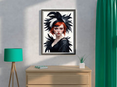 Women Character Red Hair with Black Feather Hat Wall Art - beink online art store